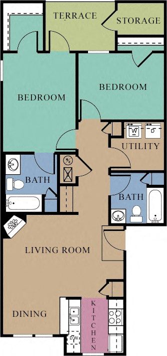 Floor plan for 2 beds, 2 baths, 1025 sqft